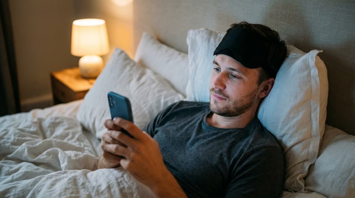 Man in bed with sleep mask on forehead checking sleep data on phone in dim bedroom light