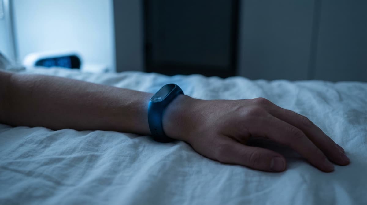 Close-up of a hand resting on white bedsheets at night wearing a fitness tracker, soft blue ambient light