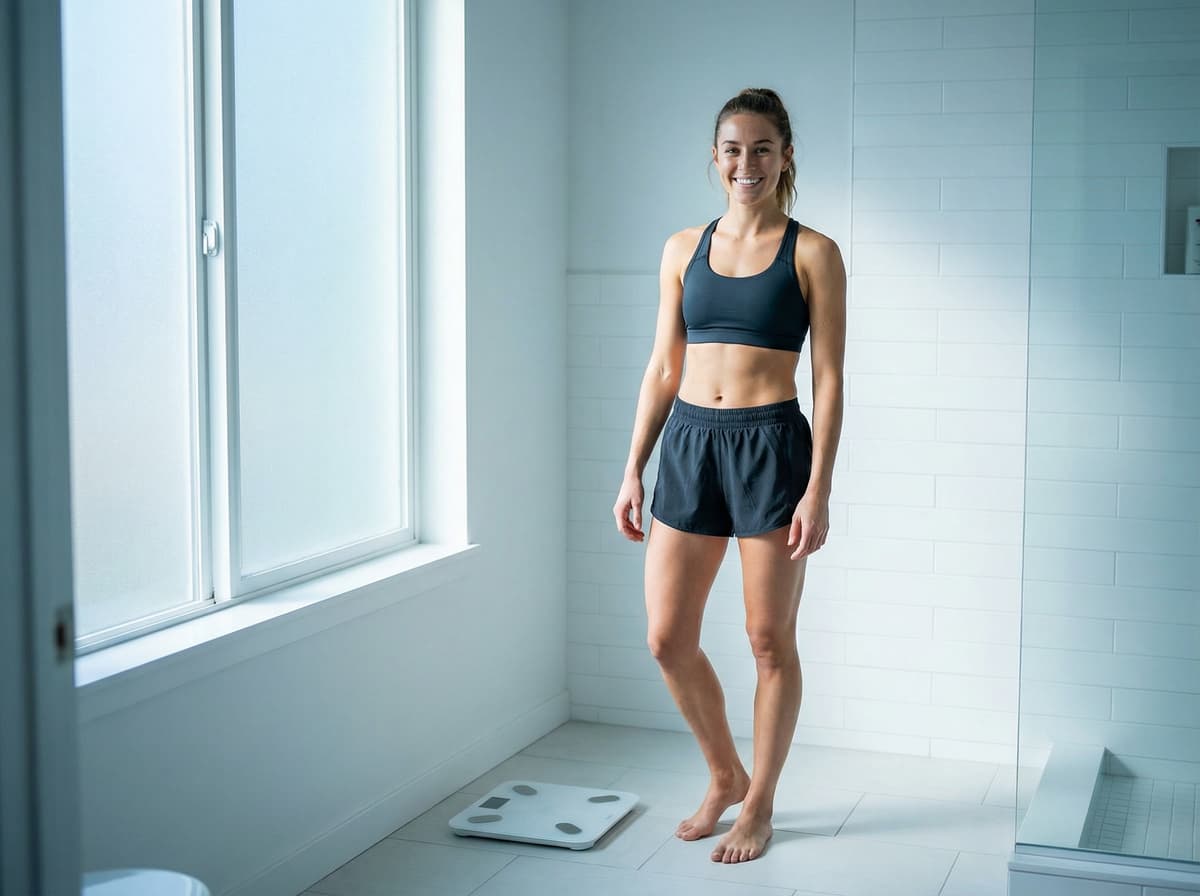 Overhead view of a person tying running shoes on a gym floor next to a smart scale and a water bottle, morning light from a high window, clean minimal composition