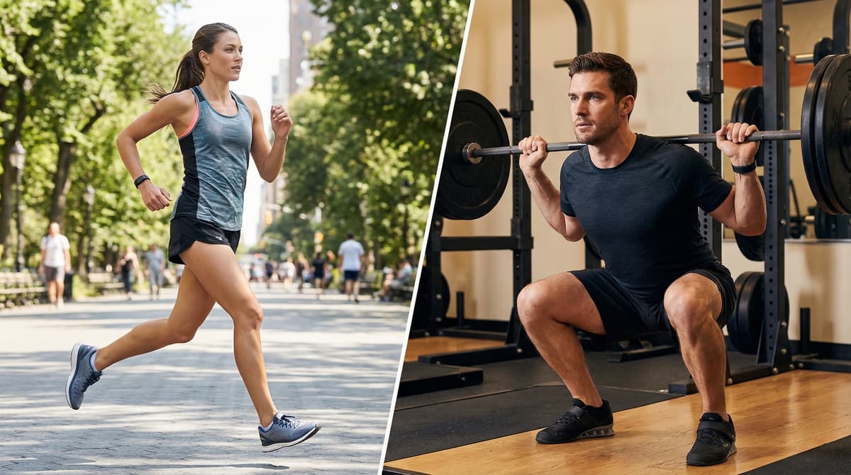 Split screen: woman running on a tree-lined city path and man doing a barbell squat in a gym