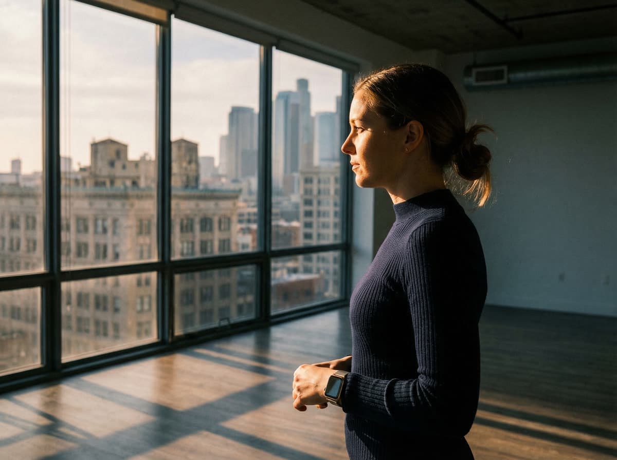 Side profile of person standing at a window with morning sunlight streaming across their face, city skyline in background, smartwatch visible