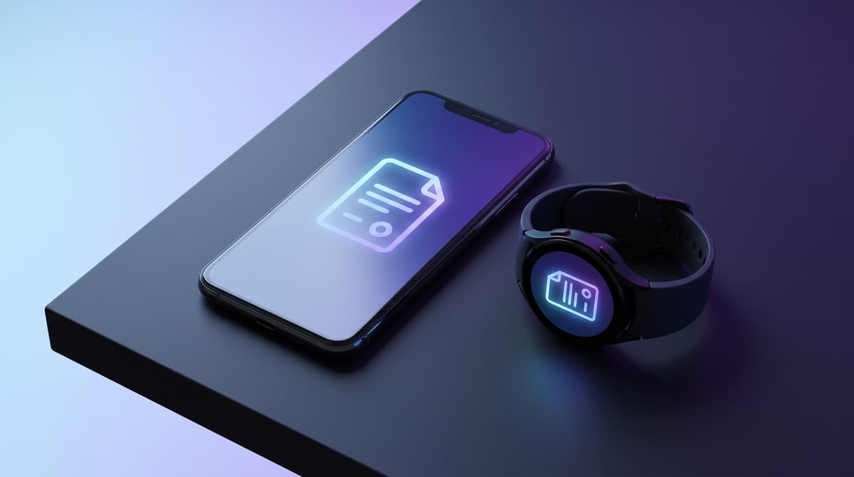 Smartwatch and phone on a desk with a subtle document and lock icon overlay, cool blue and purple lighting