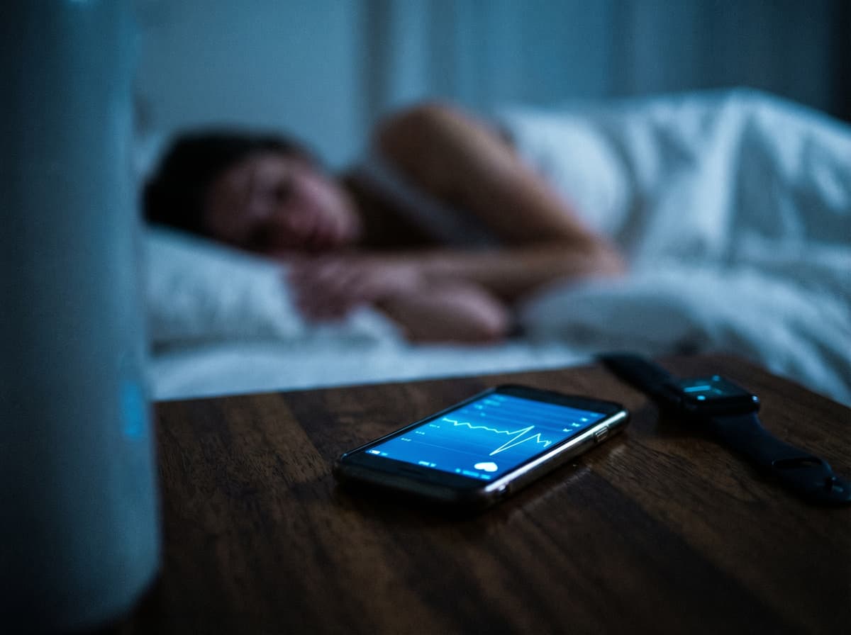 Dark bedroom with a person sleeping, soft glow from a smartwatch on the nightstand, blue ambient light, minimal modern room