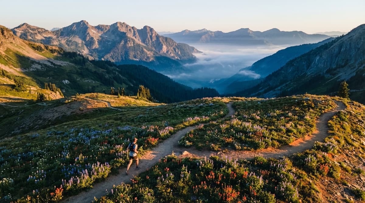 Aerial view of runner on winding mountain trail at sunrise with valley below