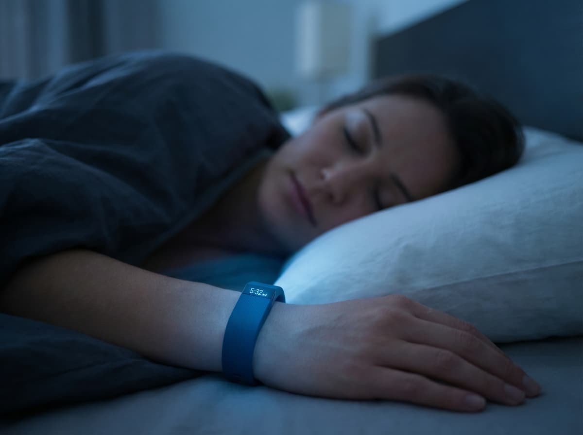 Close-up of a person sleeping on their side in a dark room, soft blue light from a fitness tracker on their wrist, white pillow, shallow depth of field
