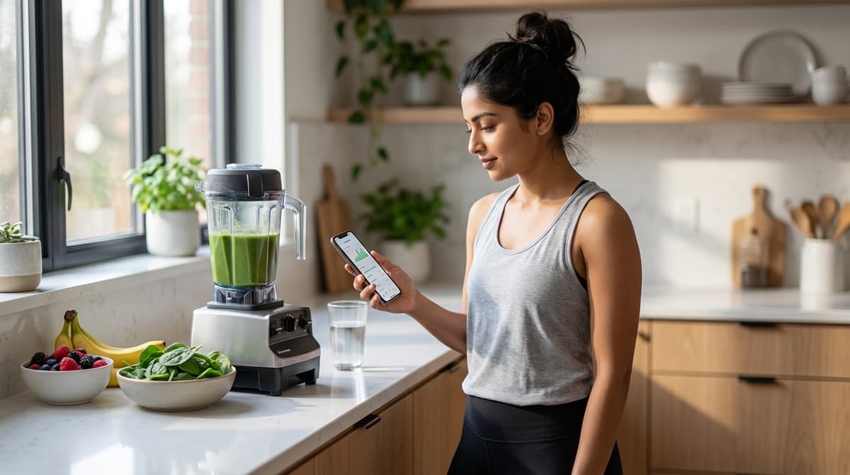 Person reviewing health metrics on phone while preparing a morning smoothie in a bright kitchen
