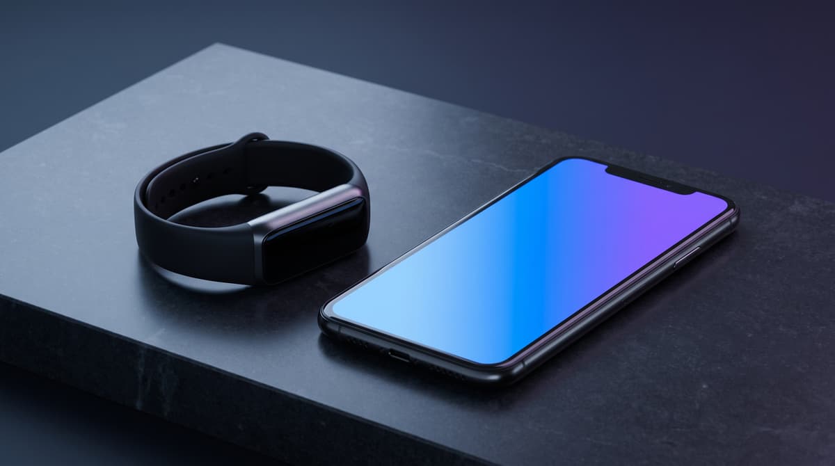 A fitness tracker and smartphone resting on a dark blue surface with a soft purple glow