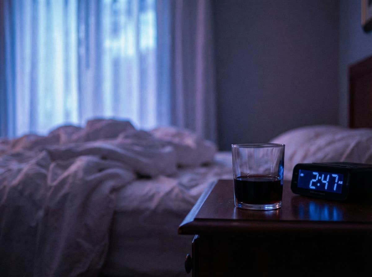 Close-up of wine glass on a dimly lit nightstand beside an alarm clock in a cool-toned bedroom