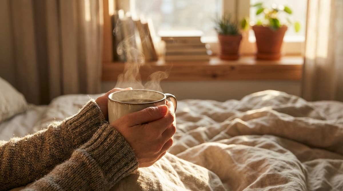 Hands holding a steaming mug in bed with warm morning sunlight filtering through the window