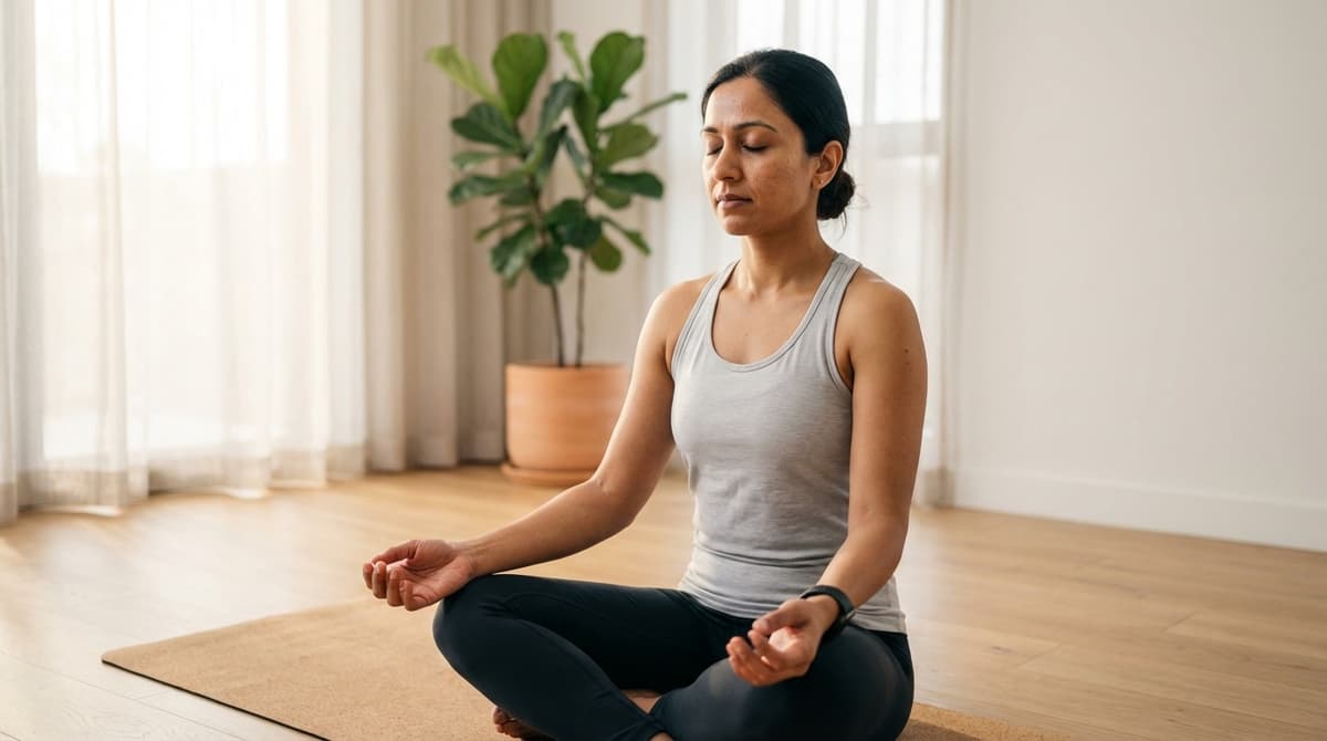 Woman practicing breathing exercises on a yoga mat in a sunlit living room with a smartwatch on her wrist