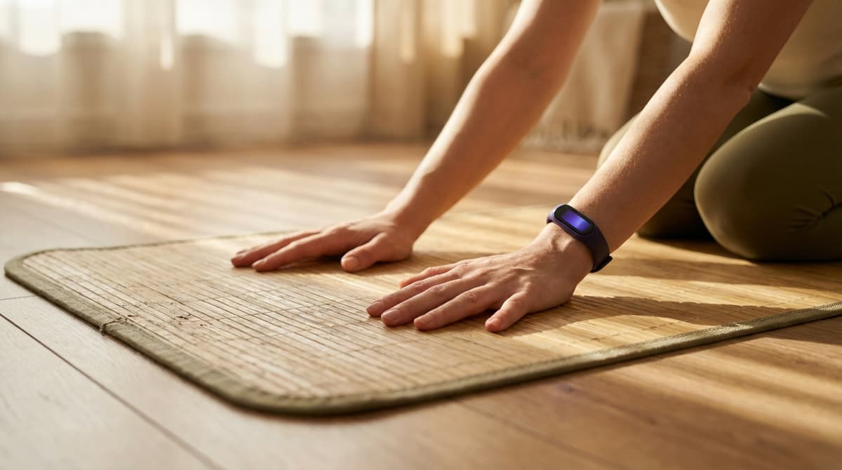 Close-up of hands stretching on yoga mat with morning light, fitness tracker visible on wrist