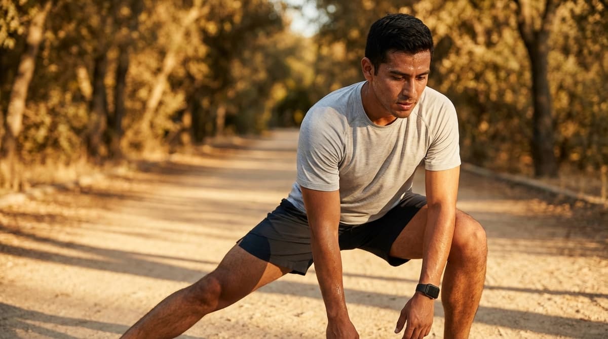 Athletic man stretching outdoors during golden hour with a smartwatch visible on his wrist
