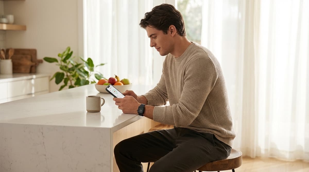 Split-screen view of a person checking health data on their phone alongside a smartwatch displaying fitness metrics