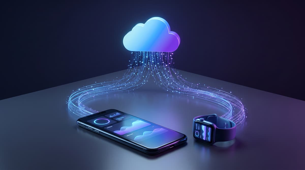A smartwatch and smartphone connected by a glowing data stream, cool blue and purple lighting