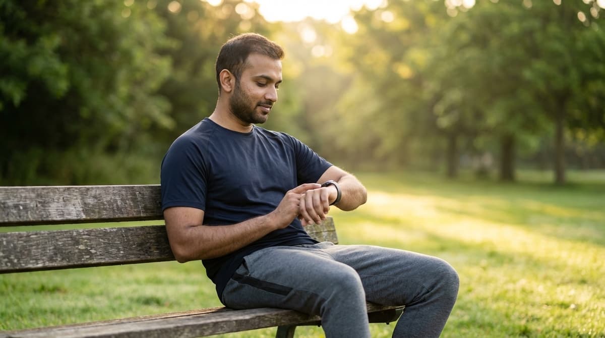 Man checking heart rate on smartwatch during a calm morning outdoors