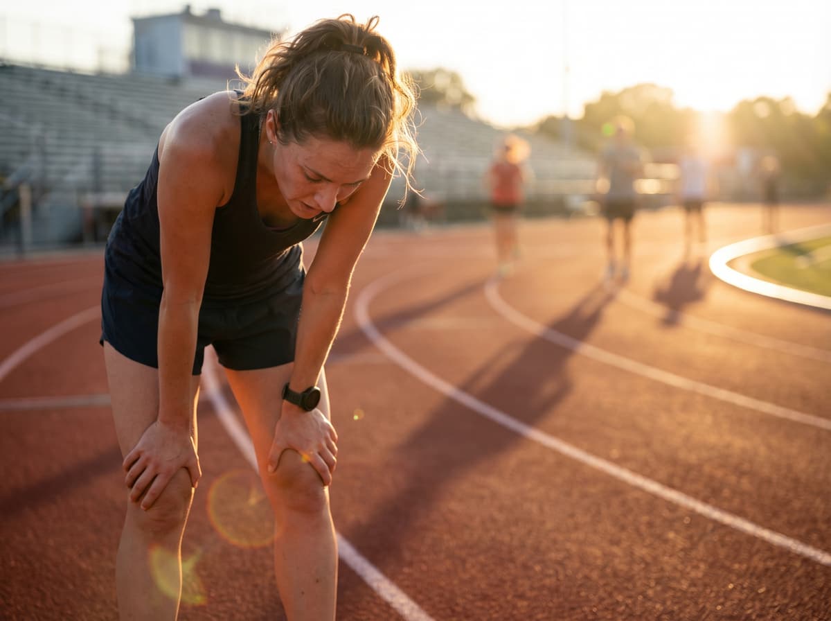 Runner bent over with hands on knees on a track at golden hour, fitness watch visible on wrist, exhausted posture, shallow depth of field