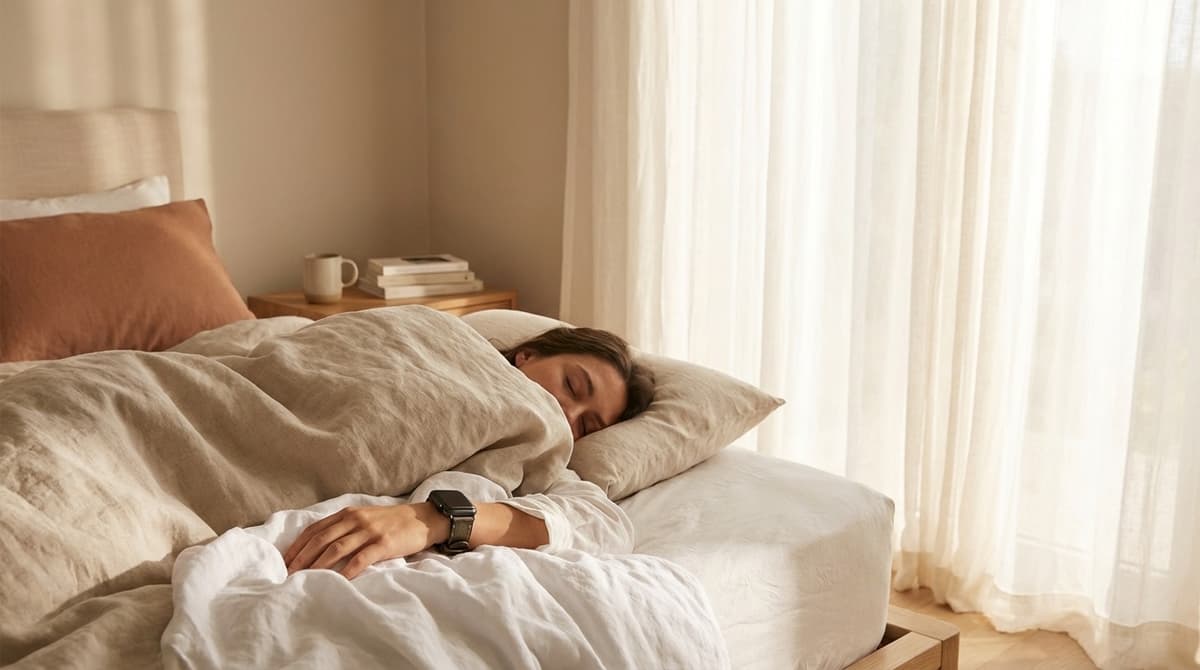 Person sleeping peacefully in bed with soft morning light and a wearable on their wrist