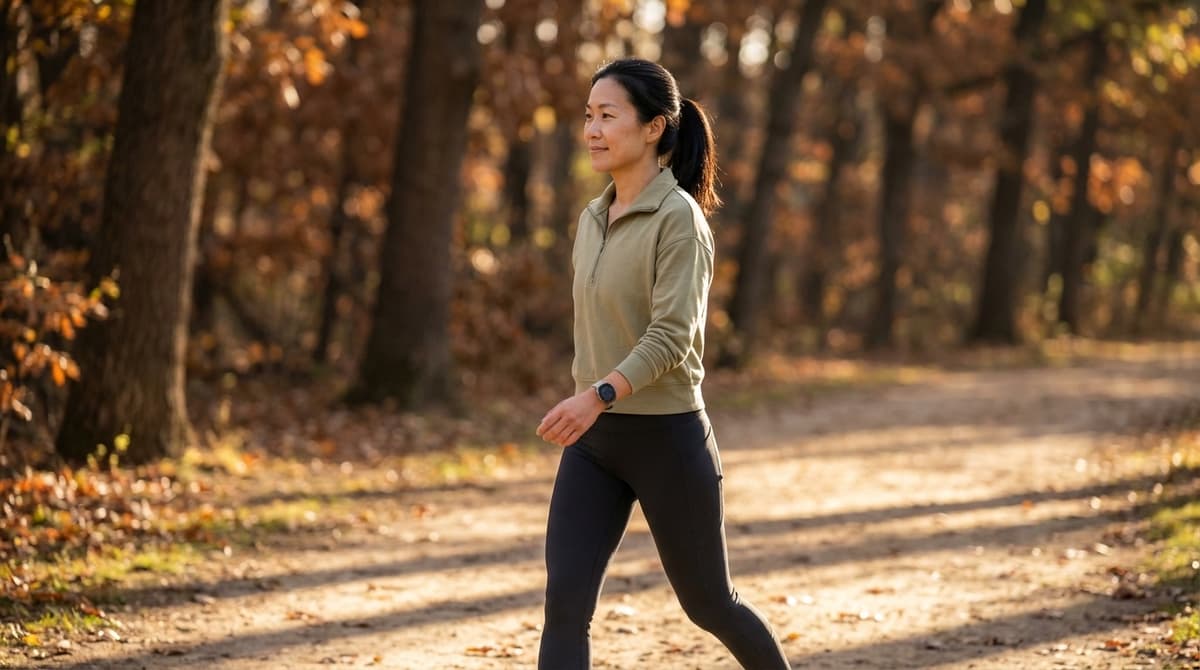 Woman walking on a tree-lined path in morning light wearing athletic clothes and a smartwatch