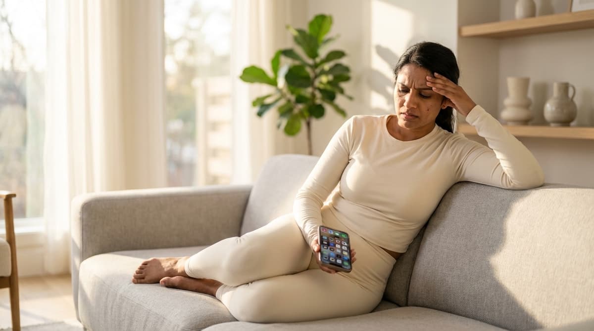 Woman sitting on couch looking frustrated at multiple health apps on her phone screen