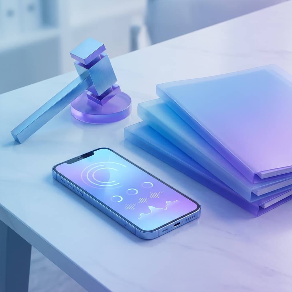 A phone displaying a health dashboard next to a folder of documents, cool blue and purple lighting, minimalist desk