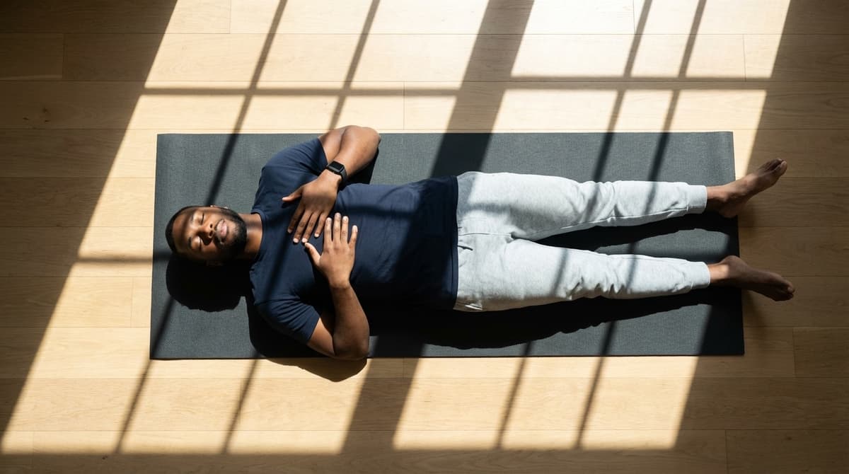 Overhead view of man lying on yoga mat practicing breathing exercise with smartwatch, morning light