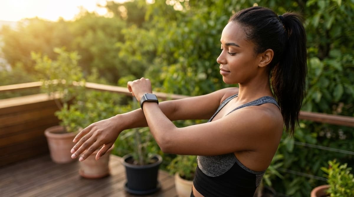 Woman checking fitness watch on her wrist during a calm morning stretch outdoors
