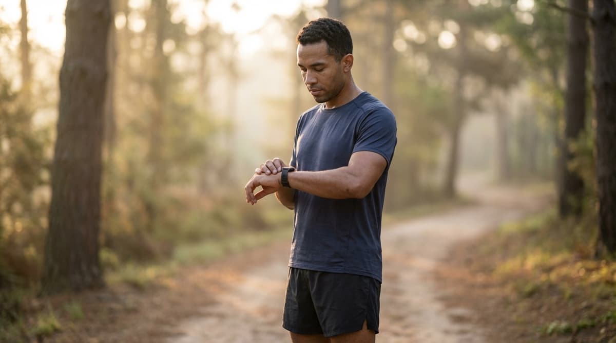 Runner checking smartwatch recovery metrics before a morning workout on a trail