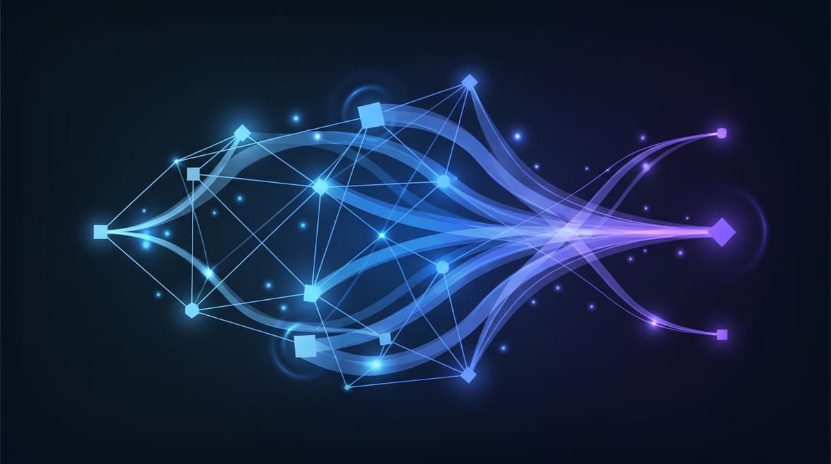 Abstract glowing blue and purple network of connected nodes representing AI data processing, no text