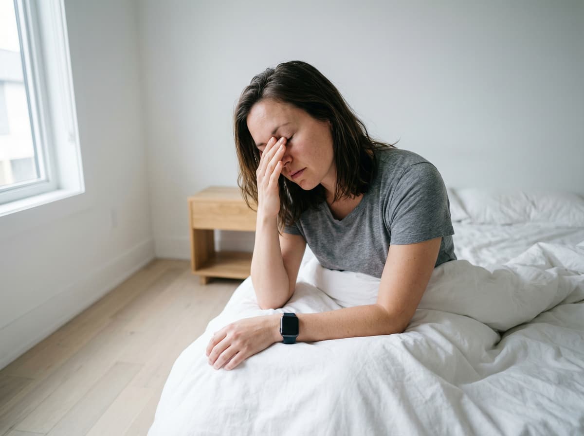 Person sitting on the edge of a bed in morning light rubbing their eyes, smartwatch visible on wrist, white bedding, soft natural window light