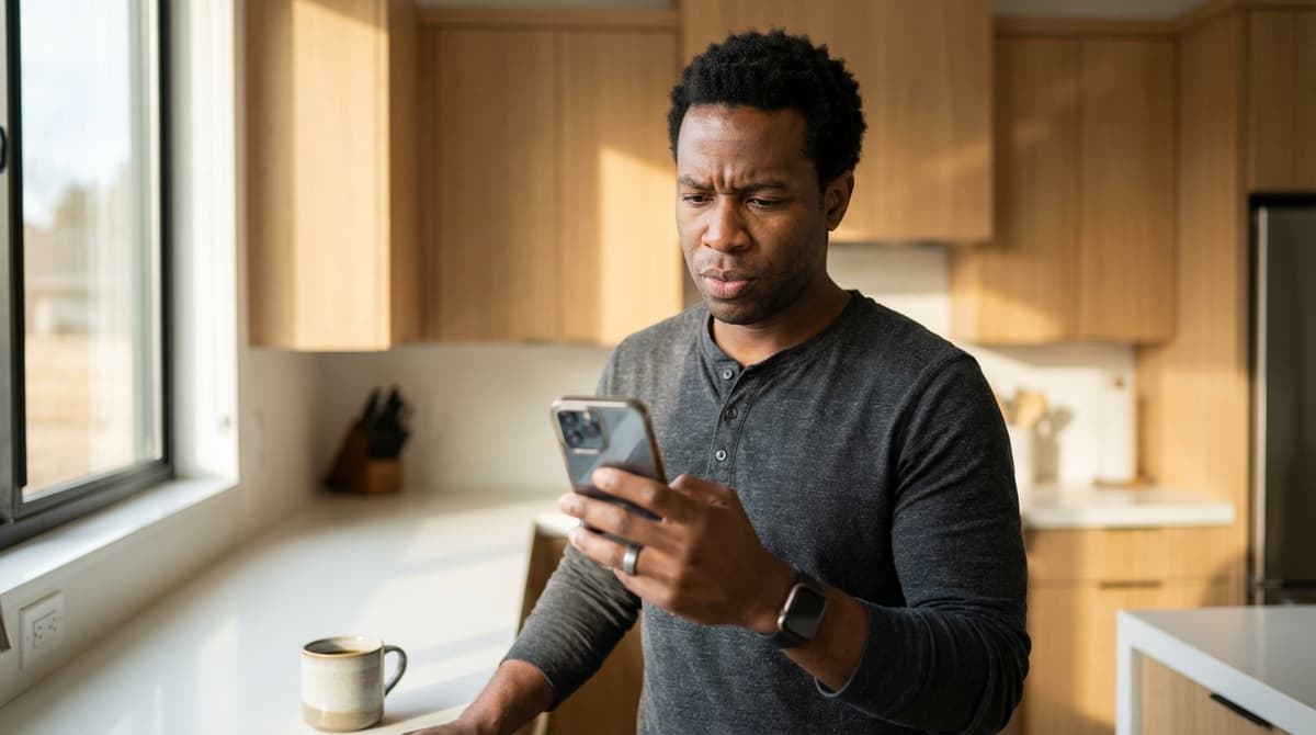 Man looking at multiple health apps on his phone with a confused expression in a modern kitchen