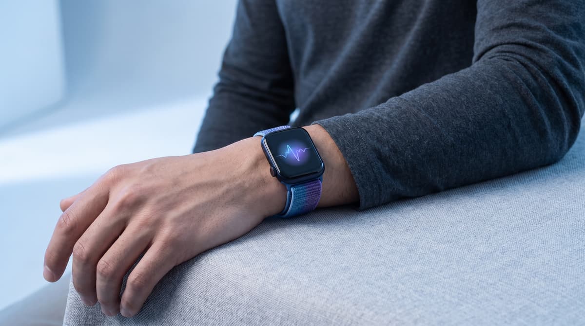 Person looking thoughtfully at a smartwatch stress reading while sitting calmly
