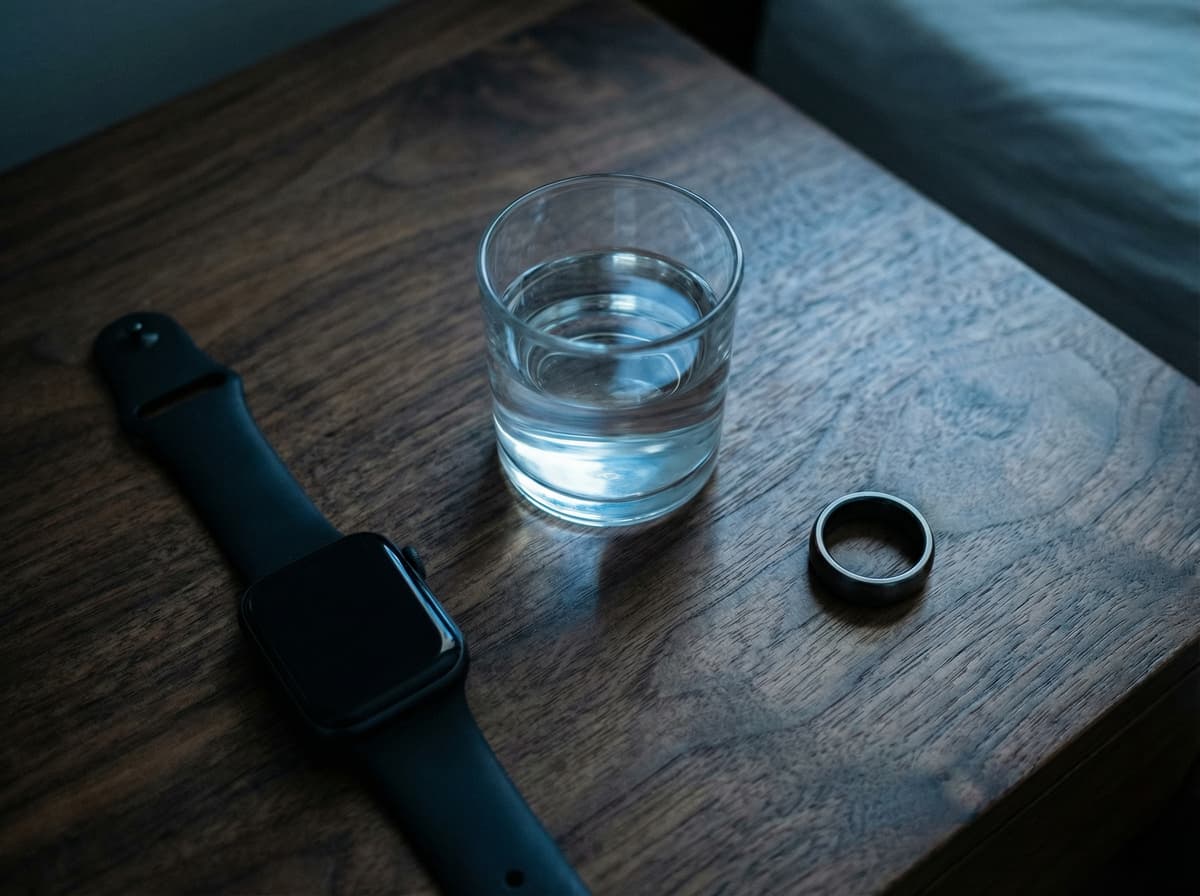 Two different fitness wearables side by side on a wooden nightstand, one a smartwatch and one a ring, early morning light, shallow depth of field